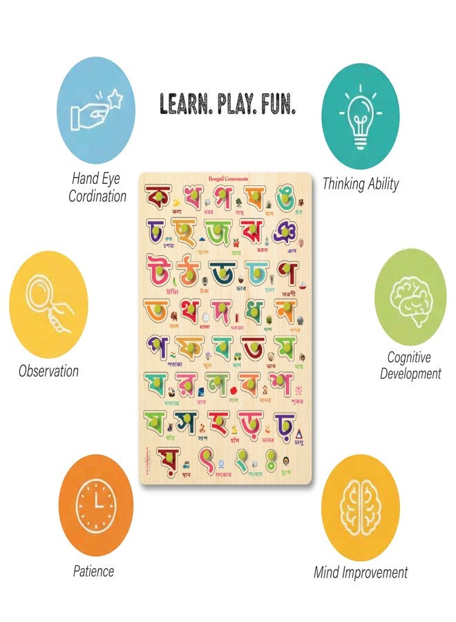 Khilonewale Wooden Bengali Alphabet & Number Knob Puzzle Set of 3 for Kids 3+ | Consonant Vowel & Number Boards | 9x12 inch Montessori Wooden Learning Toy | Early Bengali Language & Counting Educational Puzzle - Image 4